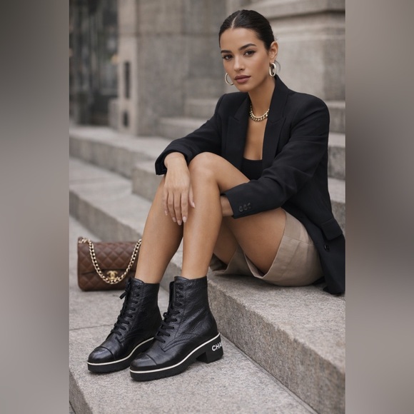 CHANEL Shoes - CHANEL 21C Shiny Crumpled Lambskin Patent Lace Up Ankle Short Heel Boots